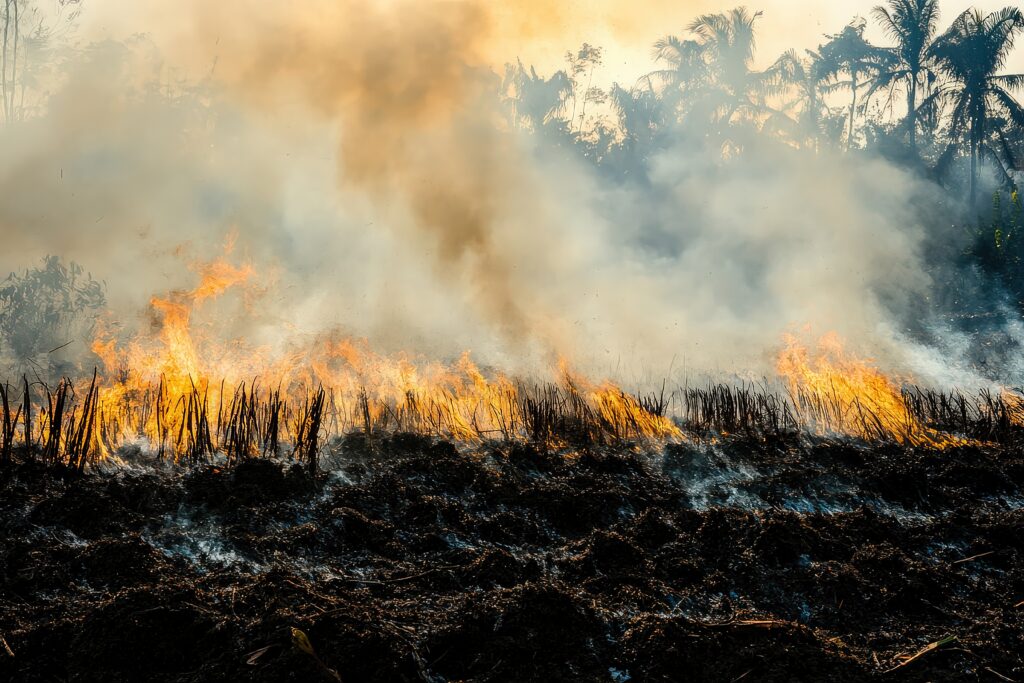 field fire with thick smoke rising