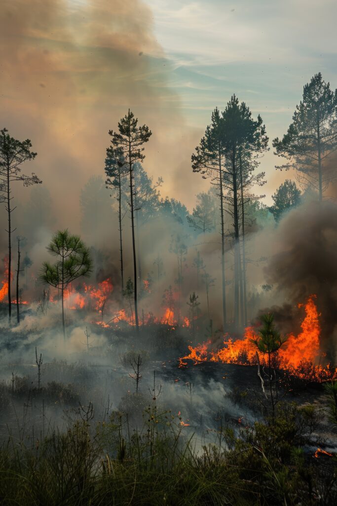 forest blaze with towering flames dense smoke amidst trees